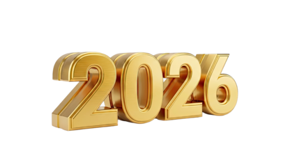 Golden 3D Numbers "2026" on White Background