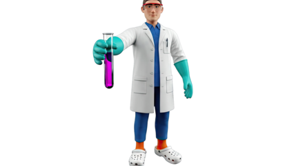 Cartoon Scientist Holding Test Tube with Purple Liquid