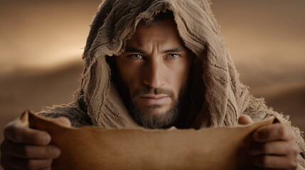 Hooded Biblical Man Holding Open Scroll Parchment