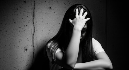 Young woman in distress against a dark concrete wall. Black and white image.