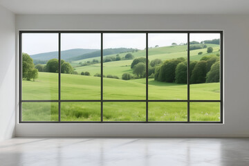 Naklejka premium Modern interior with large window displaying lush green landscape and rolling hills, highlighting nature, tranquility, and contemporary design concepts.