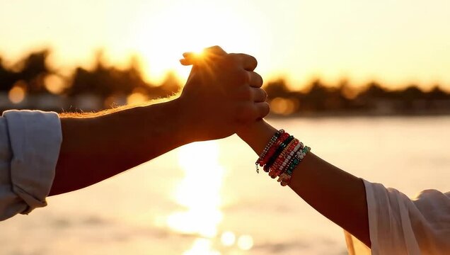 Sunset high five between friends by the water.