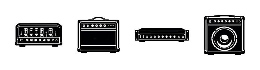 Fototapeta premium Guitar amplifier vector icons set. audio, music equipment, sound symbols