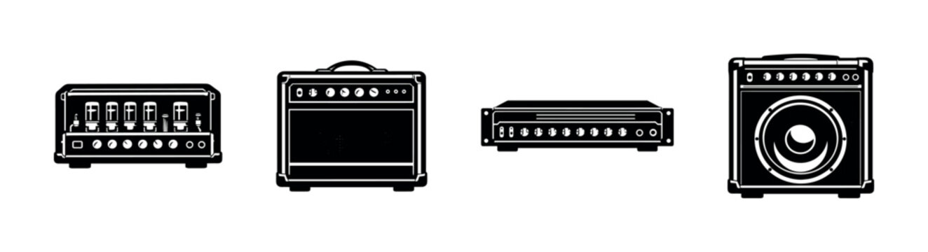 Guitar amplifier vector icons set. audio, music equipment, sound symbols
