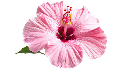 A vibrant, close-up view of a pink hibiscus flower with detailed petals and dark center