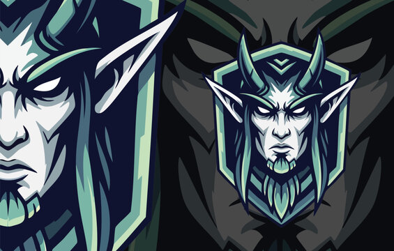 Intense Fantasy Portrait of Dual Mystical Dark Elves or Demons with Horns, Ideal for Gaming Team Logos.