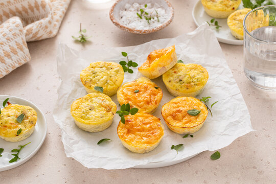 Egg bites with ham and cheese, and chicken and pesto, high protein snack idea