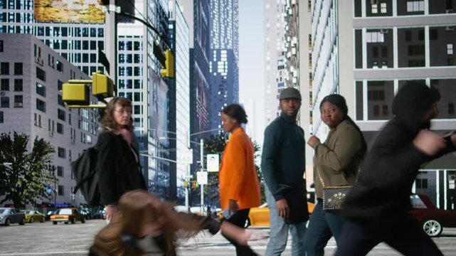 Crime scene illustrates hooded criminal snatching and stealing backpack from young girl, witnesses in urban crowd displaying indifference and no reaction during risky city life moment. Camera A.