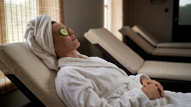 Woman in white robe relaxes on a lounge chair with cucumber slices on her eyes, showcasing a spa treatment experience in a serene indoor environment with soft lighting