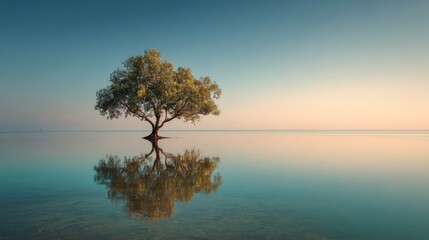 solitary tree on a small island surrounded by a large lake