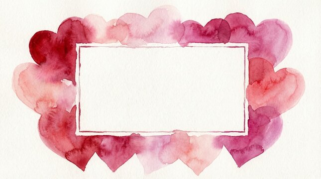 Watercolor pink and red hearts frame on textured paper background, romantic abstract hand painted border with blank rectangle copy space, for valentine day, wedding, greeting card, love concept.