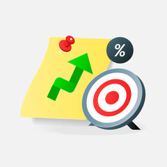 Vector illustration of note with growth chart, dartboard target, percentage. business growth goals, performance targets, KPI achievement, success metrics. for planning, productivity, presentations