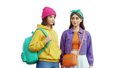 Two stylish young women with backpacks and bags