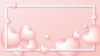 3D pink heart balloons floated with white frame on pink background
