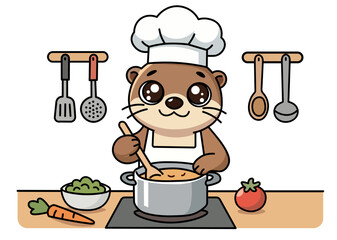 Adorable otter chef in white hat and apron cooking healthy vegetable soup in pot on kitchen stove, cute vector character for kids menu, culinary blog, recipes or home decor design concept.