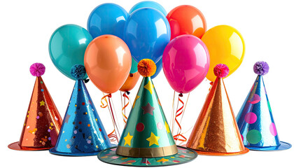 A vibrant composition featuring assorted balloons and party hats, ready for celebration