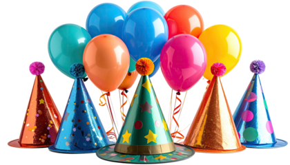 A vibrant composition featuring assorted balloons and party hats, ready for celebration