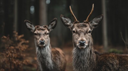Majestic forest guardians: Two deer in a serene woodland setting close up