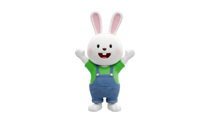 Joyful cartoon bunny in denim overalls and green t-shirt with arms raised
