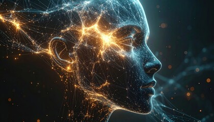 Captivating visualization of a radiant digital mind, intricate neural network connections illuminating a human profile, representing artificial intelligence and advanced technological thought