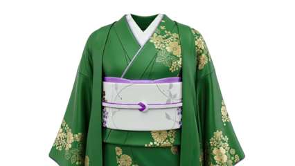 Green Kimono with Gold Floral Pattern and Purple Obi
