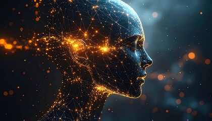 Abstract representation of human consciousness and artificial intelligence, with glowing neural network connections symbolizing thought and data flow
