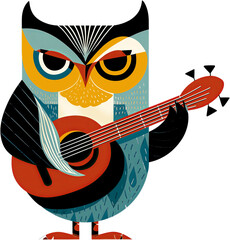 Detailed Colorful Owl Playing Guitar in Modern Graphic Illustration Style