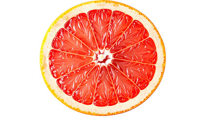 A vibrant cross-section of a ruby-red fruit, revealing segmented flesh, rind details