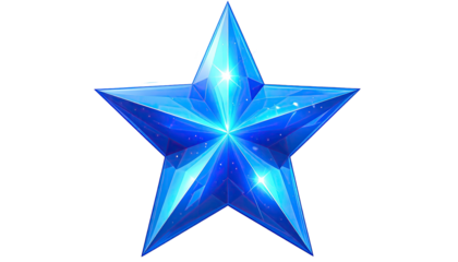 A vibrant, crystalline five-pointed star with varying shades of blue, set against a black background