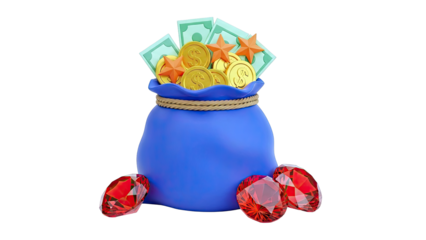 Blue Money Bag Filled with Gold Coins, Cash, Stars and Gems
