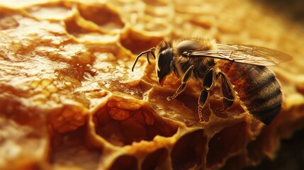 Honeybee on Golden Honeycomb, Close-up Insect Macro