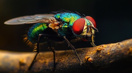 Green Fly with Red Eyes Resting on Branch Dark Background