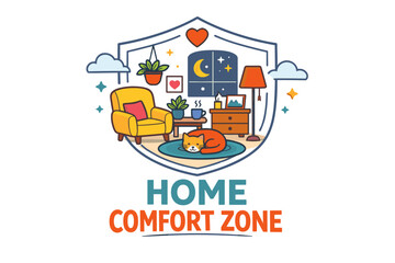 Obraz premium Cozy living space with sleeping cat and night sky view
