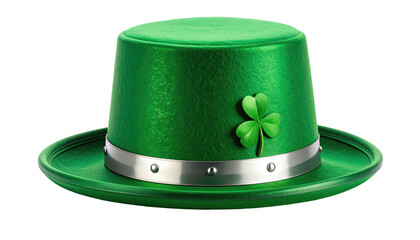 A vibrant, detailed, and metallic green leprechaun hat. It features a shiny band and clover