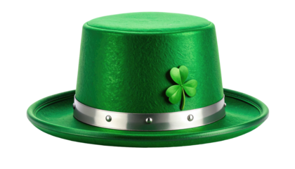 A vibrant, detailed, and metallic green leprechaun hat. It features a shiny band and clover
