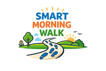 Smart morning walk logo with sunrise and footprints in a scenic landscape