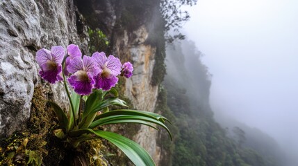Orchid Purple Stripped Flower Growing on Cliffside in Misty Mountains