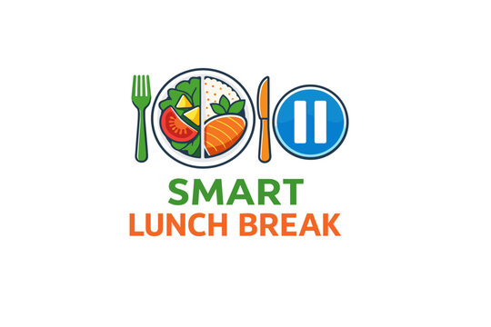 Smart lunch break logo with plate, fork, knife, and pause symbol
