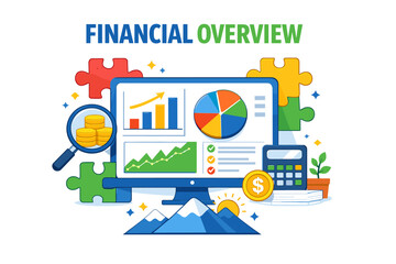 Colorful financial overview with graphs on screen and calculator