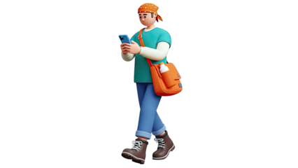 3D Character of a Young Person with a Smartphone and Messenger Bag