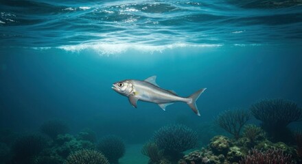 Underwater shot of a fish in a coral reef environment. Sunlight streams from above