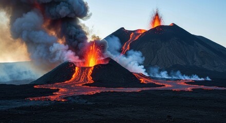 Volcanic eruption, lava flows, and smoke plumes