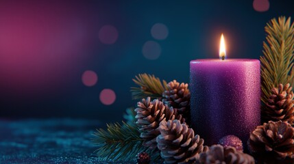 Purple Candle Burning with Pinecones Against Dark Festive Background