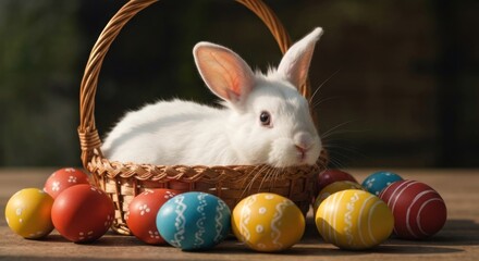 White bunny in a basket of colorful Easter eggs
