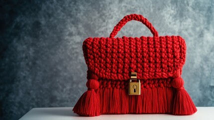 Red Knitted Handbag with Gold Lock and Tassels on White Table