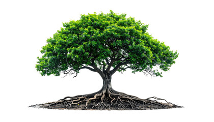 A vibrant, detailed depiction of a lush, leafy tree with exposed roots on a transparent background