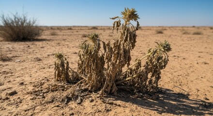 Withered desert plant cluster against a pale sky