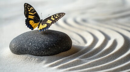 Striking Butterfly with Yellow Wings Resting on Smooth Gray Rock in Sand Garden