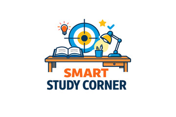 Smart study corner with desk lamp, open book, and creative icons