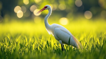White Bird Standing in Green Grass with Bokeh Background